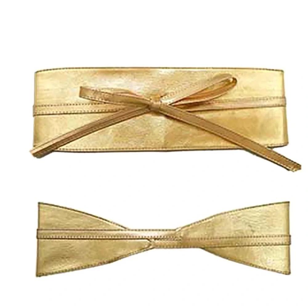 Metallic Gold Leather Adjustable Obi Wrap Statement Belt